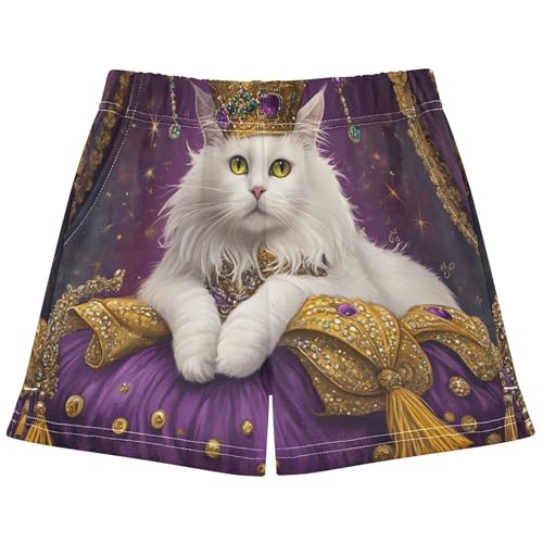 Girls Athletic Lounge Shorts Royal Cat Gold Crown Print Pajama Sleep Summer Shorts for Teens Kids, X-Small