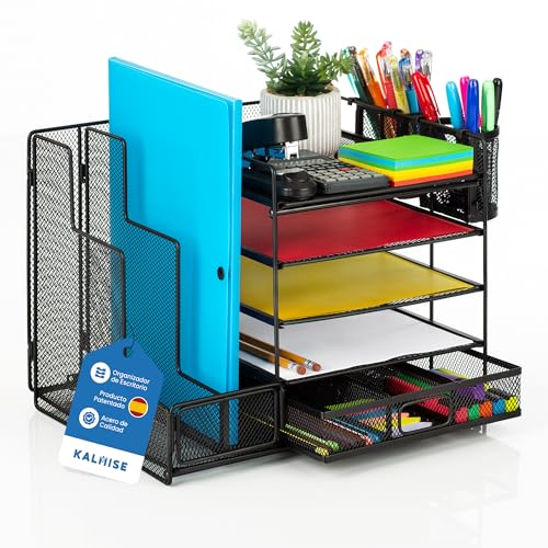 KALMISE Organizador Escritorio con 5 Bandejas, Archivadores, Cajon & Portalapices Escritorio | Organizador de Documentos para Carpetas, Folios, Archivadores Oficina & Libretas | Producto Patentado