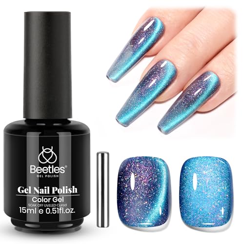 Image of Beetles Cat Eye Gel Nail Polish - 15ML 9D Cat Eye Chameleon Blue Glitter Gel Polish Interstellar Mirage Blue Purple Magnetic Shimmer Effect Soak Off UV Salon DIY Manicure Gifts for Women