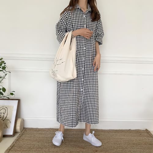 chouyatou Women's Summer Casual Short Sleeve Cotton Gingham Dress Plaid Midi Long Shirt Dress2