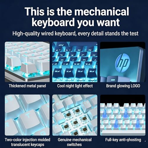 Image of HP GK400F Wired Mechanical Keyboard (Office /Gaming Dual-Use) - USB Wired Connection, Silver + White Color Scheme, 104-Key Layout, Brown Switches, Ice Blue Lighting, Top-Printed Keycaps, 26PN