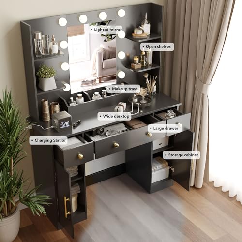 Image of Wodeer Makeup Vanity Desk with Mirror and Lights, 43 inch Black Vanity Set with 3 Drawers, Power Outlet & Adjustable RGB LED Lights, Dressing Table with Storage Shelf for Women & Girls Bedroom