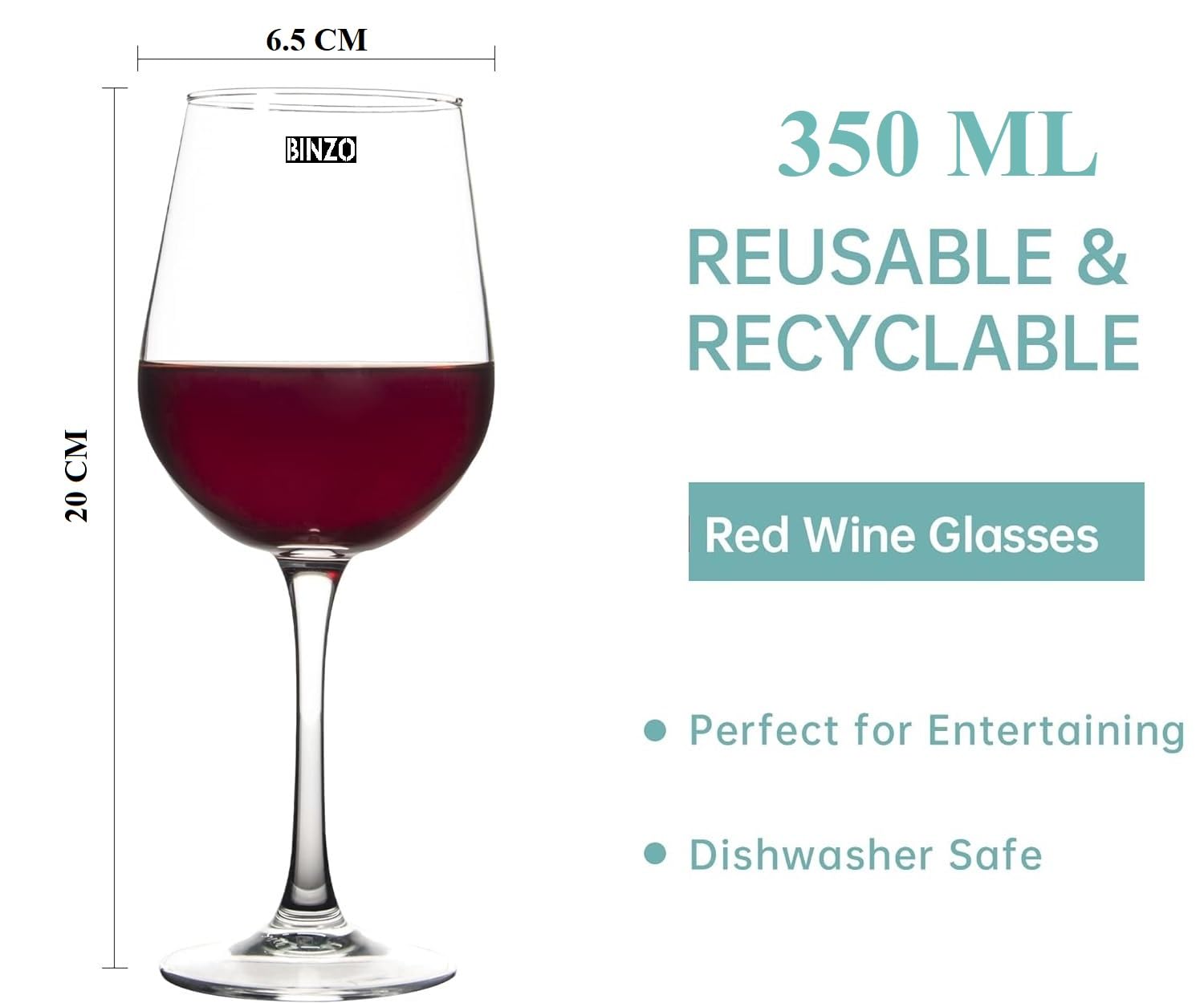 BINZO Wine Glasses, Set of 6, 350 ML, Perfect Red, White Wine Glass, Gift Use, Premium Stylish Stem Glassware, Light Weight, Clear, (350 ML, Pack of 6) 1
