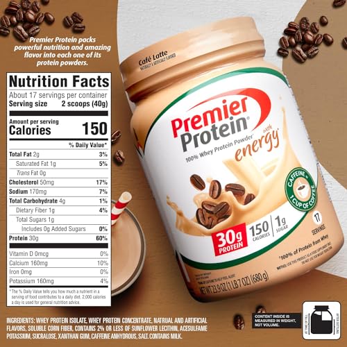 Premier Protein Powder, Café Latte, 30g Protein, 1g Sugar, 100% Whey Protein, Keto Friendly, Gluten Free, No Soy, 95mg Caffeine for Energy, 23.9 oz (17 Servings)