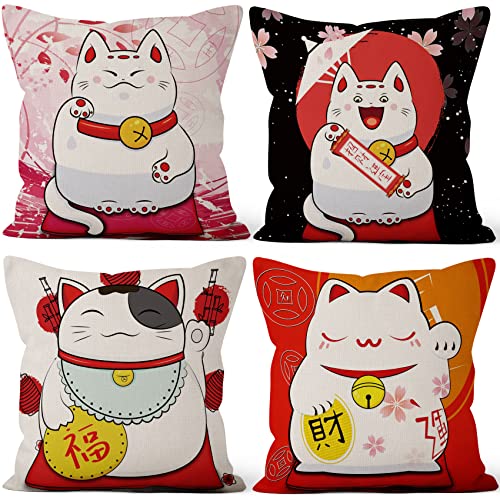 Aoihrraan 41x41cm Lot De 4 Housse De Coussin Style Japonais Chat Chanceux Lin De Coussincarré Taie d'oreiller Decoration Canapé Taverne Japonaise Maison Décor Housse Coussin Tatami Jardin Exterieur Cover