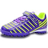 Saekeke Fußballschuhe Kinder TF mit Klettverschluss Fussballschuhe Jungen Mädchen Outdoor rutschfest Sport Trainingsschuhe S2129 Lila Gelb EU34