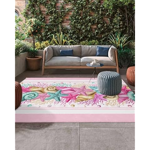 SODIKA Outdoor Rug Waterproof Nautical Theme Seashell Starfish Coral Pink 4x6 Feet Outdoor Plastic Straw Rug, Patio Rug,RV Mat Outside for Patio, Camp, Picnic, Balcony, Deck, Backyard Cover