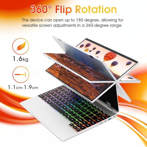 Image of BINTEC 14 inch 4 in 1 Studio Touchscreen Tablet Laptop,1920x1200 IPS,16GB DDR4,Quad-Core Celeron N5105（up to 2.9GHz）,Colorful Backlit Keyboard,Type-C (Silver /256G SSD)