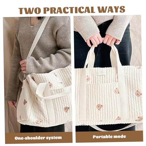 Quilted Duffle Bag, 18.9x9.5x11 Inch Quilted Weekender Bag with Handle and Strap, Bear Pattern Cute Duffle Tote with Pocket and Zipper for Women Travel Hospital, Diaper, Gym, Baby Hospital2