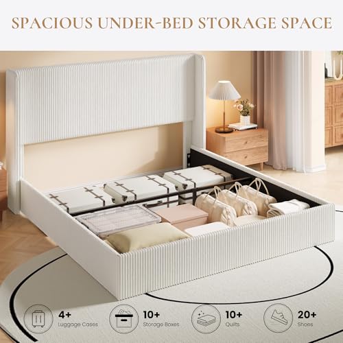 Image of SHA CERLIN King Lift Up Storage Bed Frame, Upholstered Corduroy, White