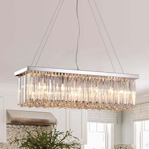 Modern Silver Rectangular Crystal Chandelier, Dining Room Chandeliers Over Table,