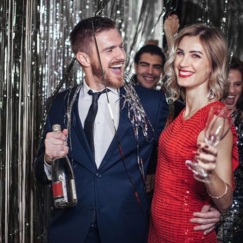2 Pack Foil Curtain Backdrop Black Metallic Tinsel Foil Fringe Curtains Photo Booth Props for Birthday Wedding Engagement Baby Shower Bachelorette Christmas Holiday Celebration Party Decorations - 2
