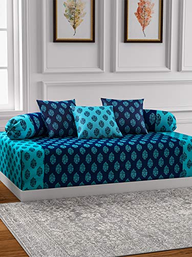 Image of Swayam 200TC Diwan Set Pure Cotton 6 Pcs | Deewan Ethnic Motif Printed Bedsheet Set for Living Room Hall (1-Bed Sheet 60x90 Inch | 2-Bolster Cover 30x30 Inch | 3 Cushion Cover 16x16 Inch) - Blue