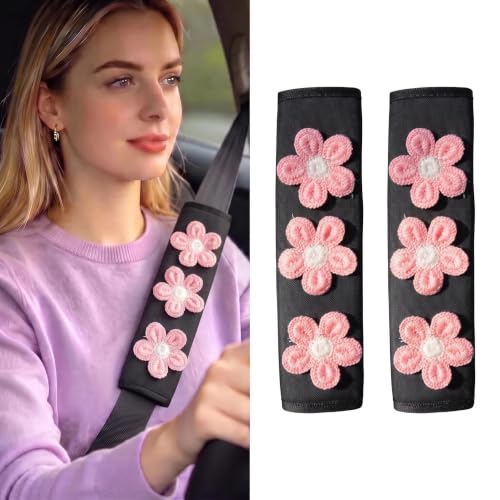 Image of Cute Pink Flower Seat Belt Cover Pads for Women Girls - Soft Plush Seatbelt Cushion, Fun Car Accessories (2, Pink Flower Black Oxford Pad)