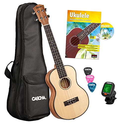 CASCHA Professionelle Tenore Ukulele mit Zubehör, Aquila Saiten, gepolsterte Tasche, Stimmgerät, 3 Plektren