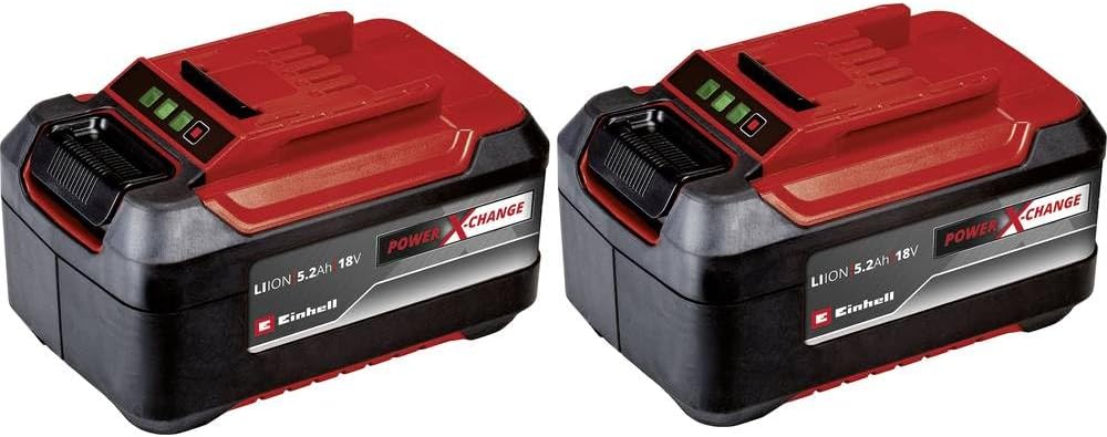 Two Einhell Power X-Change 5.2 Ah batteries, red and black, showing charge indicators.