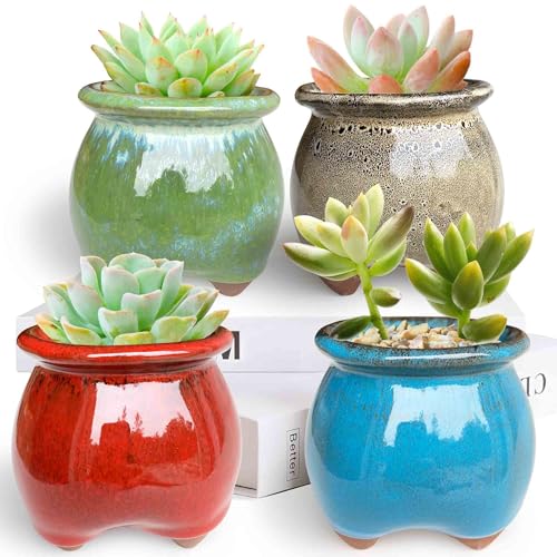 Casktcom 4PCS Handcraft Glazed Succulent Planters，Small Ceramic Succulent Pots with Drainage，Small Pots for Succulents - Mix Color Set