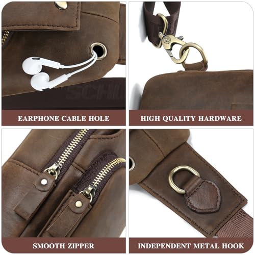 Image of Mens Sling Bag Genuine Leather Crossbody Bags for Men Small Sling Chest Backpack Casual Man Bag Hiking Outdoor, Coffee