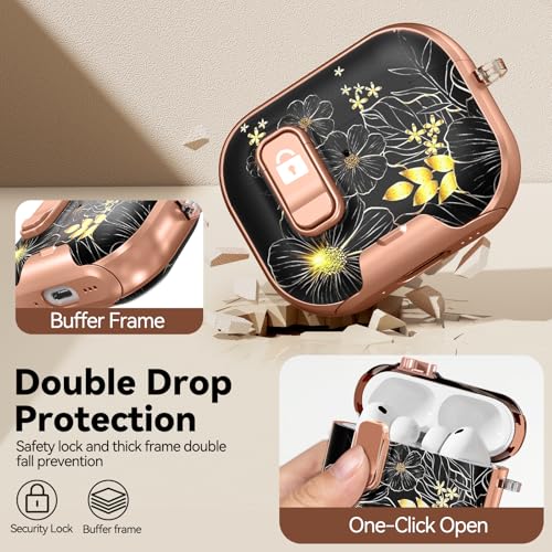 Image of for AirPods Pro 3 Case 2025 with Safety Lock-Black Gold Leaves | As Phone Stand, for Women Girly, with Keychain & Cleaner Kit,Two-Piece Design,Support Wireless Charging,Clear TPU+PC Material
