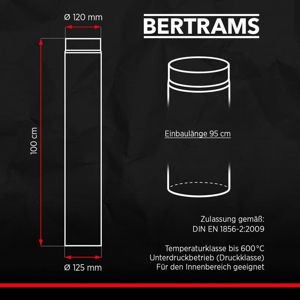BERTRAMS Ofenrohr 120mm Ø 100 cm Gussgrau I Stahlrohr mit 95cm Einbaulänge
