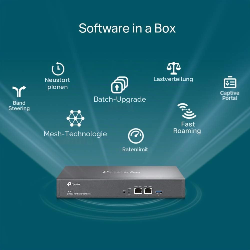 TP-Link Omada OC300 Hardware-Controller, SDN-integriert, 2 × Gigabit-Port + 1 × USB 3.0-Port, Verwaltung von bis zu 500 Geräten, Cloud-Zugriff und Omada-App