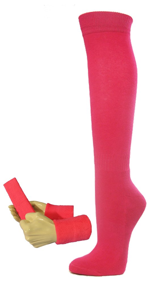 COUVER Unisex Cotton Sport Knee High Tube Socks Sweatband Headband Wristband Set (Adult Large, Bright Pink)