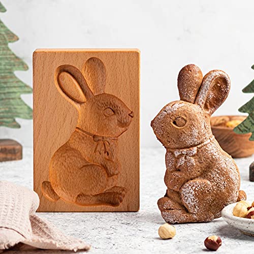 Carved Wooden Cookie Mold, 3D Baking Mold, Kitchen DIY Cookie Cutter Gingerbread Cookie Stamp Biscuit Press Stamp Molds, for Christmas Thanksgiving Halloween Easter (Rabbit 2)