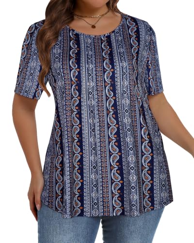 Image of Plus Size Tops for Women Summer Pleated Short Sleeve Shirts Casual Blouses