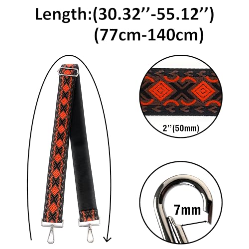 Image of Black Orange Boho Diamond Purse Strap with Gunmetal Black Hardware 2 Inch Wide Replacement Crossbody Guitar Style Shoulder Strap for Handbags Totes
