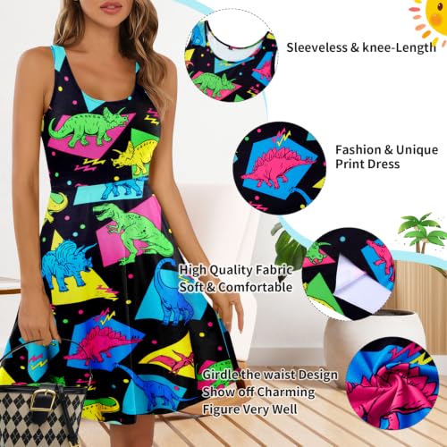 Image of uideazone Women Funny Print Sleeveless U Neck A Line Casual Midi Dress | Soft Stretchy Breathable Fabric Flared Swing Sundress Fitted Waist for Daily Wear 80 /90s Themed Party Beach Vacation Trips