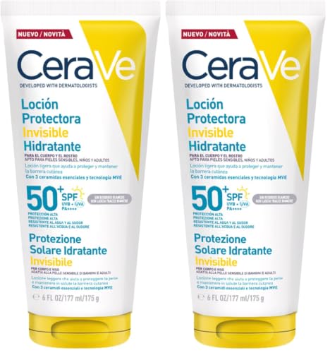 CeraVe Loción Protectora Invisible Hidratante SPF 50+, con 3 ceramidas esenciales, apta para cuerpo, rostro y todo tipo de pieles 177 ml (Paquete de 2)
