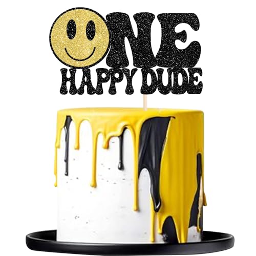 1 paquete de decoración para tarta de Happy Dude con cara feliz para primer cumpleaños, decoración de pastel de cara sonriente para primer año, fiesta de cumpleaños, suministros de fiesta de