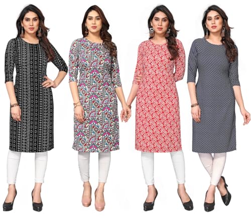 Image of JAKHANA Women's Crepe Printed Casual Straight Calf Length Round Nick Kurta Pack of 4