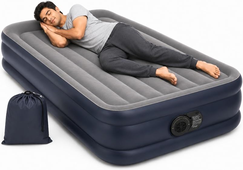 Image of Toy Imagine Fiber-Tech Deluxe Air Mattress Single Bed (39 x 75 x 16.5 Inches) Raised Inflatable Airbed with Built-in Pillow & Electric Pump | Soft Flocked Sleeping Surface