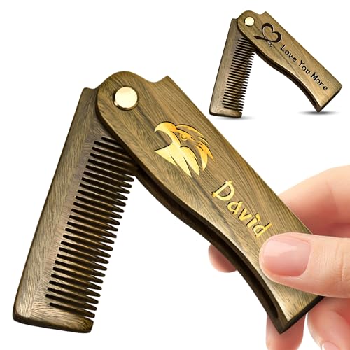 Personalized Wooden Beard Comb for Men, Custom Folding Pocket Comb for Moustache Beard & Hair Sandalwood Combs,Gift for Men