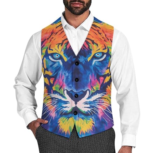 Tie Dye Pattern of Tiger Men's Suit Vest Slim Fit V-Ncek Waistcoat Business Casual Vest