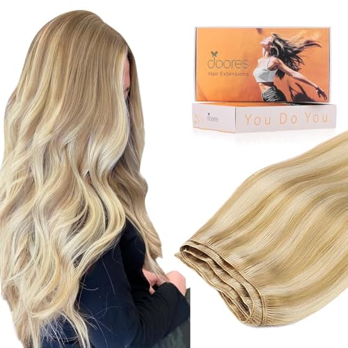 Image of DOORES Sew in Hair Extensions Real Human Hair, Dark Blonde Highlighted Bleach Blonde 14 Inch 80g, Hand Tied Natural Straight