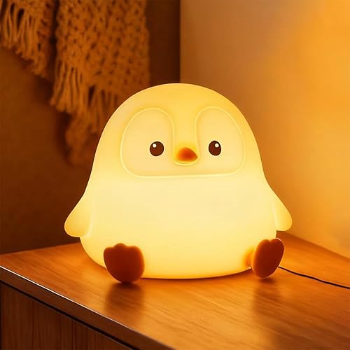 Luz nocturna de pingüino para guardería, lámpara LED de silicona blanda, 2 niveles regulables, luz nocturna para niños, luz táctil, lámpara de