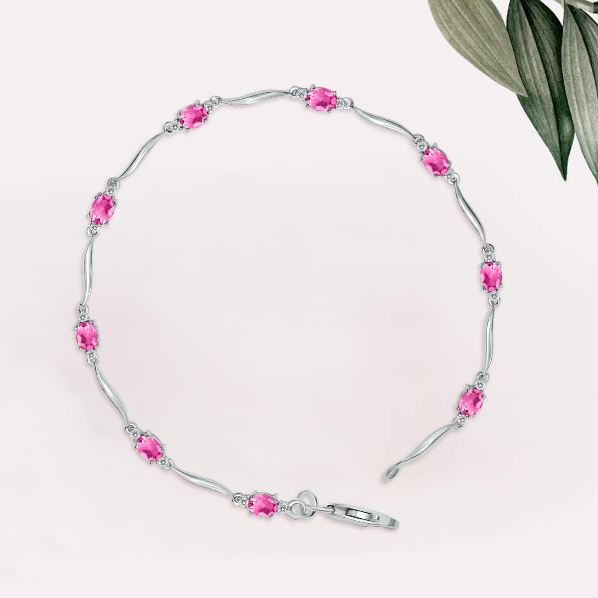 Pink Topaz and Diamond Wave Link Bracelet in .925 Sterling Silver