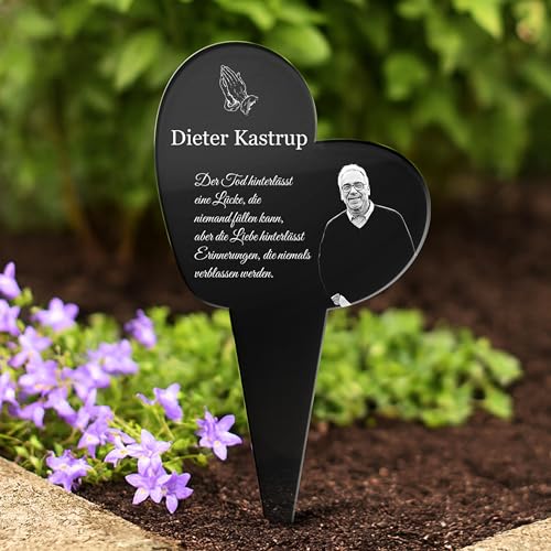 CHRISCK design Gedenktafel mit Gravur Fotogravur - Grabstein für verstorbene Menschen Herz stehend - Grabschmuck graviert für Hunde & Katzen - Grabplatte im Kerzenschein Leuchtend - Gedenkstandbilder