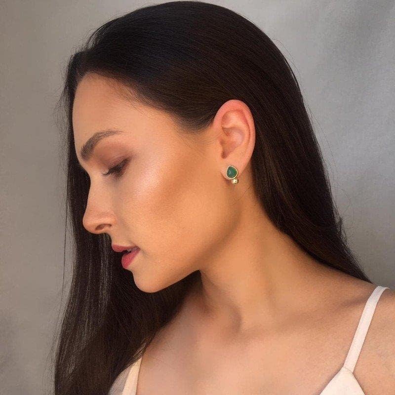 Miniatura 2 de BStones Brazilian Stones Agate Stone Stud Earrings for Women, Natural Brazilian Skilled Crafted Gemstone, Hypoallergenic 18K Gold Plated, 34 inch