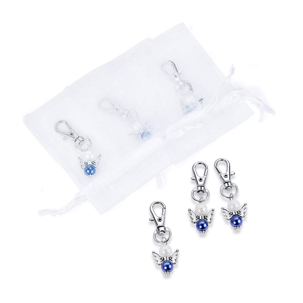Wcorrisponde 20 portachiavi con angelo gardien con sacchetti in organza e etichette di ringraziamento, per la doccia del bambino, per matrimoni, feste, colore: bianco + blu marino