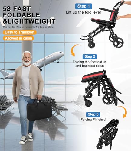 Image of Wheelchairs for Adults,Transport Wheelchair Lightweight Foldable Chairs with Handbrakes,Portable Wheelchair Travel Wheel Chairs for Seniors，Up to 300lbs,Black