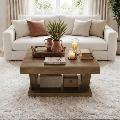 LITTLE TREE Coffee Table, Farmhouse Coffee Table with Large Storage Shelf, 2-Tier Rustic Wood Modern Center Table for Living Room, Home Office, Rustic Brown - Image 4