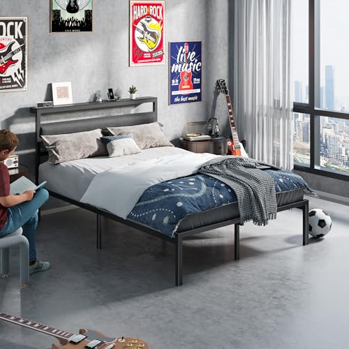 Image of OURPIC Full Size Bed Frame, Bed Frame Full with LED Lights and Charging Station Headboard, Metal Platform Bedframe and Dark Gray Storage Shelf, No Box Spring Needed, Noise Free