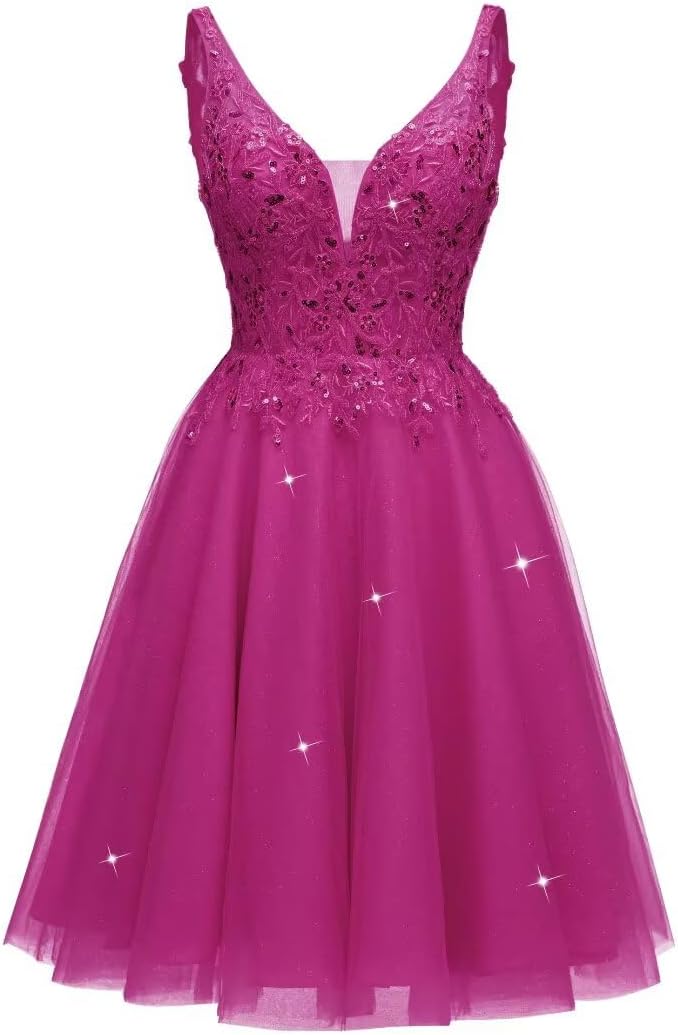 Tulle Homecoming Dresses for Teens V-Neck Tulle Short Prom Dresses Sparkly Cocktail Mini Dress