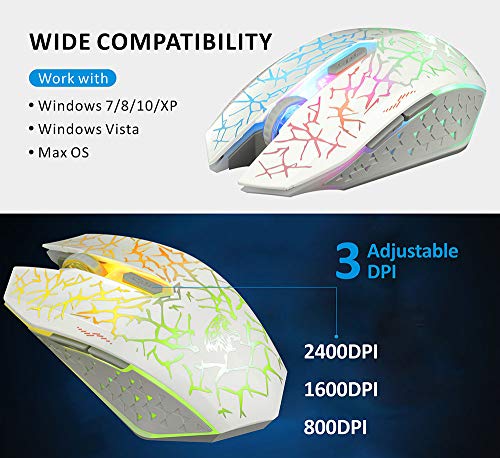 Q8 Wireless Gaming Computer Mouse, 2.4Ghz Usb Optical Rechargeable Ergonomic Led Wireless Silent Mouse, 3 Adjustable Dpi, 6 Buttons, Compatible With Pc, Laptop, Notebook, Desktop (White) #TOP2