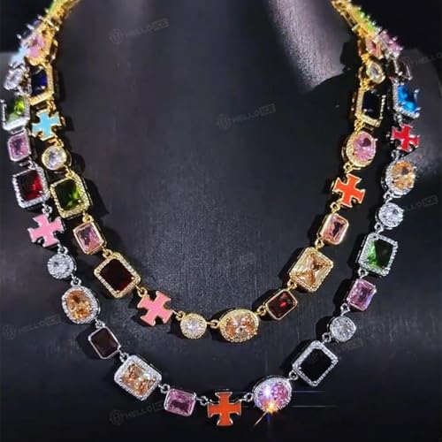 HELLOICE 10mm Multicolored Cross Necklace Enamel Chain for Women Men 5A Grade Cubic Zirconia Summer Statement Bling Necklace Gemstone Jewelry4