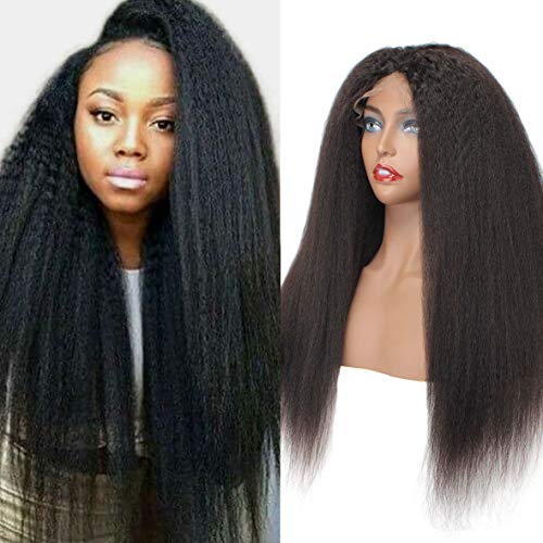 Xtrend 150% Density Yaki Straight 13x6 Lace Front Wigs Brazilian Virgin Human Hair Wig Natural Black Color Italian Kinky Transparent Frontal Lace Wig for Black Women 24 Inches