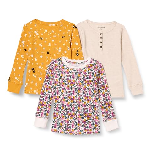 Amazon Essentials Girls' Long-Sleeve Knit Thermal T-Shirt, Pack of 3, Beige/Mustard Yellow Floral/White Floral Print, Small